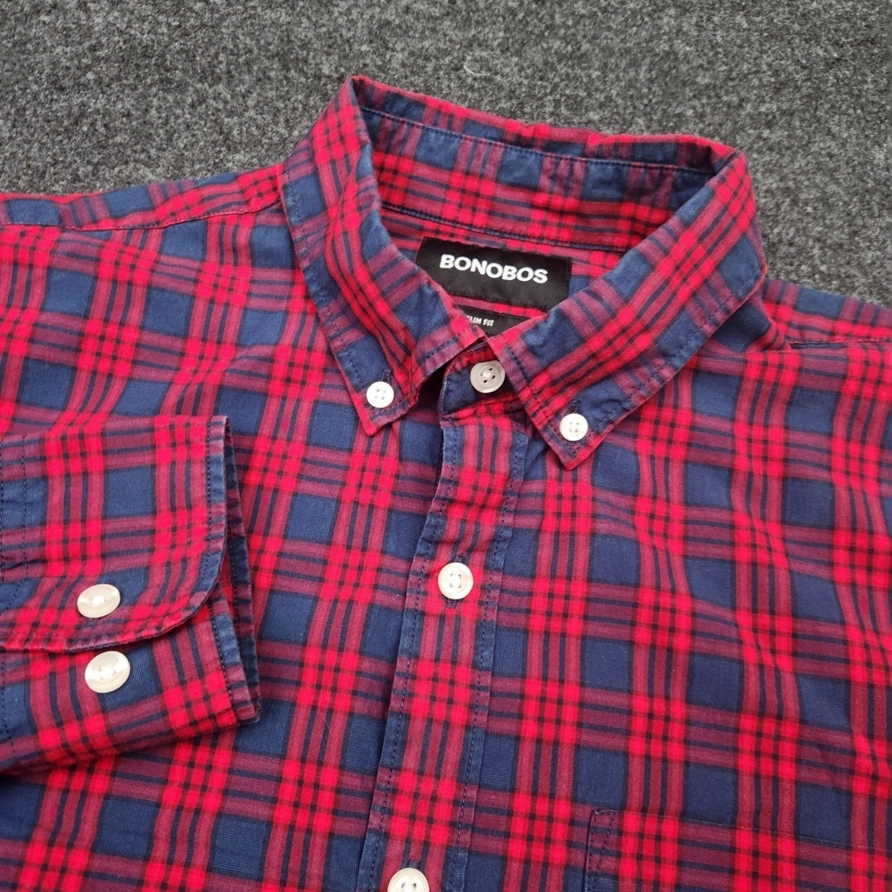 Bonobos Mens Small Red Navy Plaid Slim‎ Fit Button Up Shirt Classic Normcore